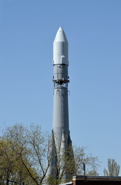 The full-scale model of the Vostok-2M (8A292M) carrier rocket installed as a monument on the territory of the RSC Energia in Korolyov, Moscow Oblast, Russia