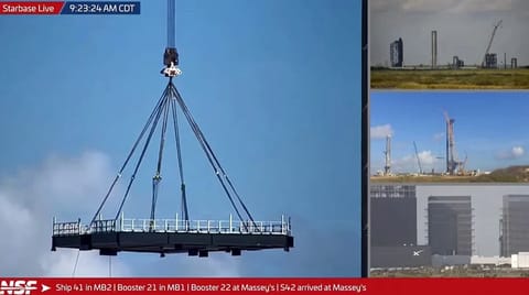 Starbase Pad 1 roof being lifted onto Mechazilla tower