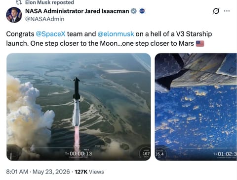 刚刚，马斯克SpaceX发射人类史上最大最强火箭！NASA局长点赞星舰V3