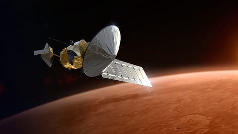 illustration of a large spacecraft orbiting mars
