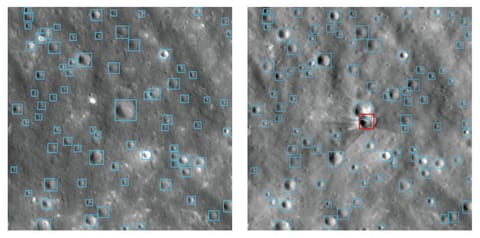 Side-by-side lunar surface images showing automated crater detection before and after a rocket impact. Numerous craters across the gray, terrain are enclosed in light blue bounding boxes. In the right image, a newly formed dark crater surrounded by bright ejecta is highlighted with a prominent red square bounding box.