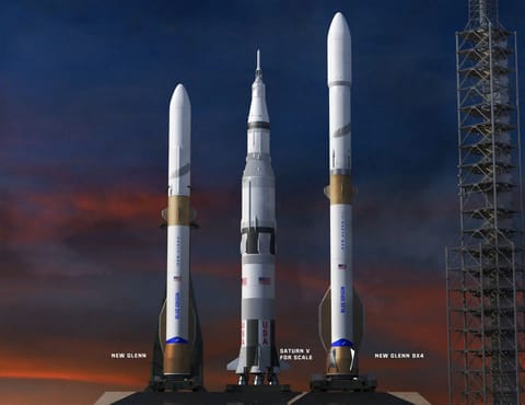 An artist rendering of the size comparison of the New Glenn 7x2, the Saturn, and the New Glenn 9x4 rockets. (Blue Origin)