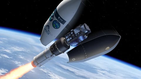 Illustration of the Vega-C rocket fairing opening to reveal the Sentinel-3C and FLEX satellites