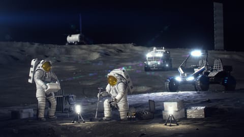 Astronauts working on the Moon (render)