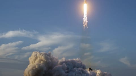 In this NASA handout, a SpaceX Falcon Heavy rocket launches with NASA'S Nancy Grace Roman Space Telescope onboard from Launch Complex 39A, at NASA's Kennedy Space Center on August 30, 2026 in Cape Canaveral, Florida.