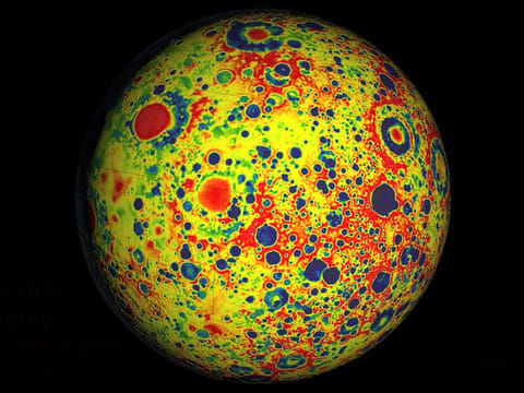 A visualization created using data from NASA's GRAIL spacecraft shows differences in the moon's gravity field.