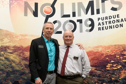 Purdue astronaut alumni Drew Feustel and Scott Tingle pose for a photo at Purdue’s 2019 astronaut reunion
