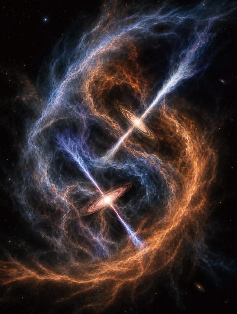two orange disks with blue jets streaming from their centers