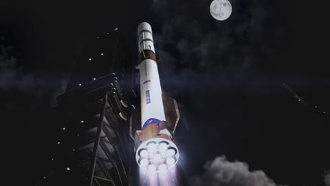 illustration of a big white rocket launching into a dark night sky with a full moon