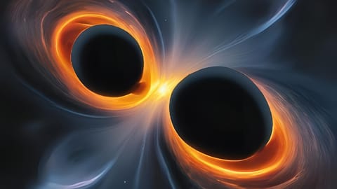 Two black circles with orange rings of light around them.