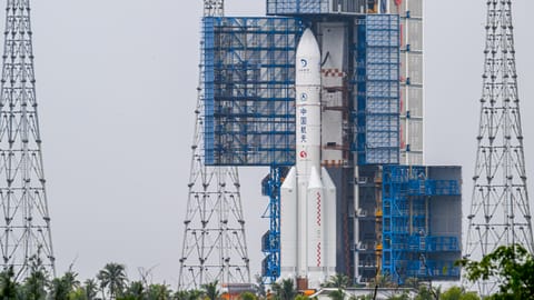 China's Chang'e 7 lunar probe and its Long March 5 rocket are transferred to their pad at the Wenchang Spacecraft Launch Site on Aug. 19, 2026 in Wenchang, Hainan Province.
