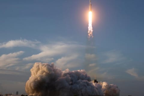 This image provided by NASA shows a SpaceX Falcon Heavy rocket with the space observatory Roman Telescope launching at the Kennedy Space Center in Cape Canaveral, Fla., Sunday, Aug. 30, 2026. (Joel Kowsky/NASA via AP)
