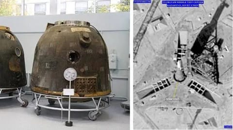 The Soviet Zond 5 rentry capsule (left) and a declassified U.S. reconnaissance photo of an N-1 moon rocket on the launch pad in September 1968.