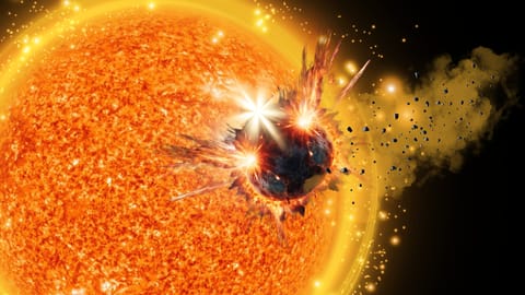 An illustration shows a solar system planet plunging into the infant sun