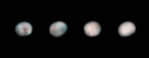 Four images, side-by-side, of the same object: a mottled spheroid mainly bluish-grey and white with a slight some tan areas.