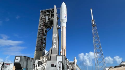 A ULA Atlas V rocket carrying the first two prototypes for Amazon's Project Kuiper internet constellation makes its way to the launch pad on Oct. 5, 2023.
