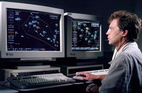 NASA researcher using the CTAS-FMS tool in a simulation in the Airspace Operation Laboratory at NASA Ames Research Center