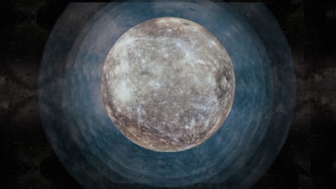 a mottled grey orb on a starry background, superimposed over transparent, larger versions of itself that progressively get smaller
