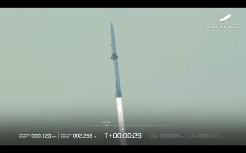 Blue Origin's NG-3 New Glenn rocket soars into the Florida sky after a liftoff on April 19, 2026.