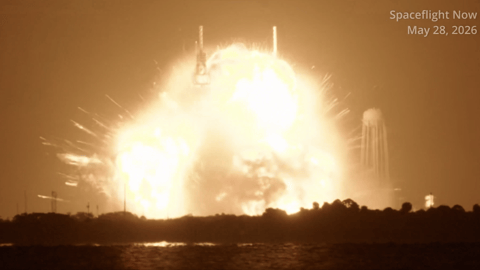 The aftermath of a massive explosion and fireball after an anomaly with Blue Origin's New Glenn rocket May, 28, 2026 at Cape Canaveral Space Force Station in Florida.