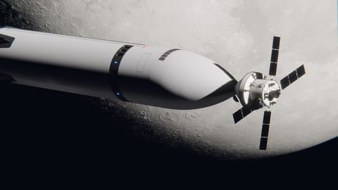 A NASA Orion spacecraft docked to a giant Starship moon lander artist concept