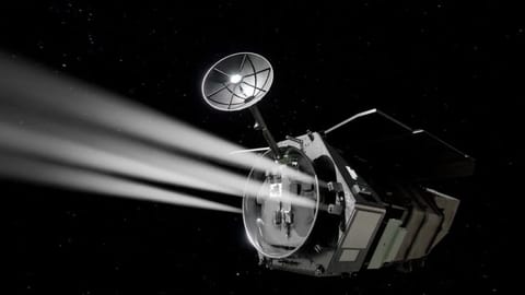 An artist's rendering of Nancy Grace Roman Space Telescope propelling through space