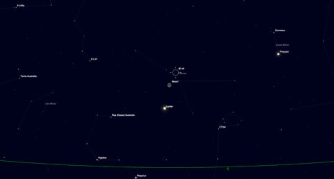 night sky graphic showing jupiter shining close to the moon.