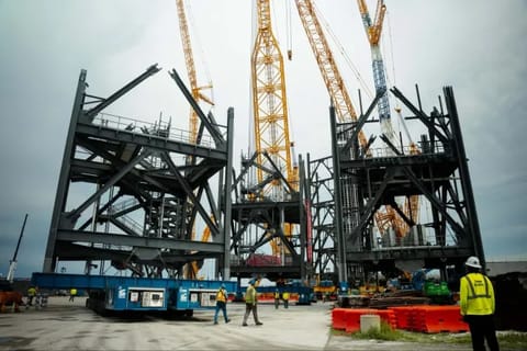 Refurbished modules for Blue Origin's vehicle access tower arrive at Cape Canaveral Space Force Station's Launch Complex 36 in early September amid efforts to rebuild the launch site after a May 28 explosion. (Courtesy/Blue Origin)