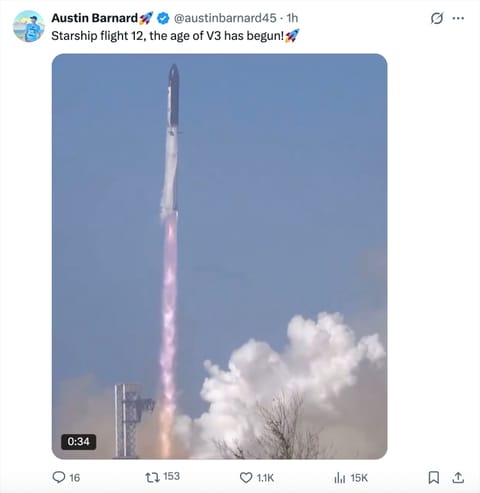 刚刚，马斯克SpaceX发射人类史上最大最强火箭！NASA局长点赞星舰V3