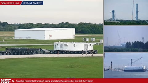 Starship horizontal transporter frame and stand at the KSC Turn Basin