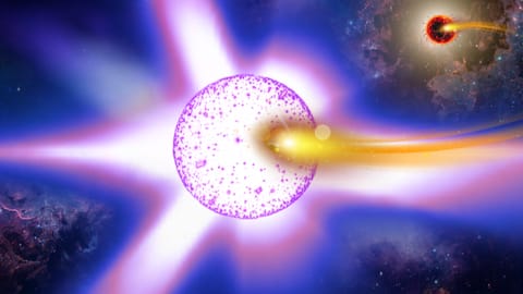 A purple sphere is illustrated with a yellow beam shooting from it and connecting it to a red sphere in the distance.