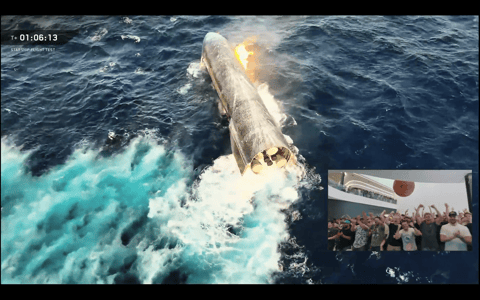 A SpaceX Starship vehicle floats in the Indian Ocean after Flight 13 splashdown