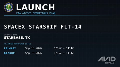 Launch advisory for SpaceX Starship FLT-14 showing September 18 window