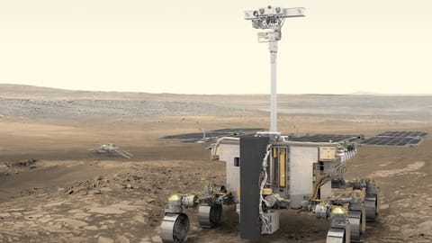 artist's illustration of a six-wheeled rover with a long &quot;neck&quot; on the surface of mars
