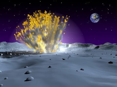 dust flies upward from an impact on the grey surface of the moon.