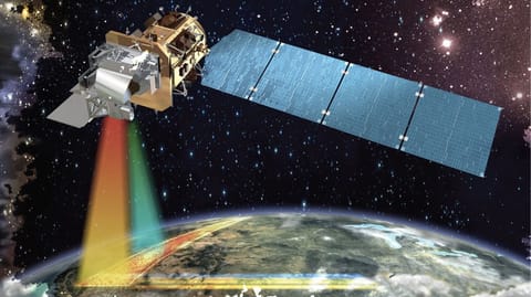 Illustration of a satellite studying Earth, with orange and blue beams representing its data-gathering work