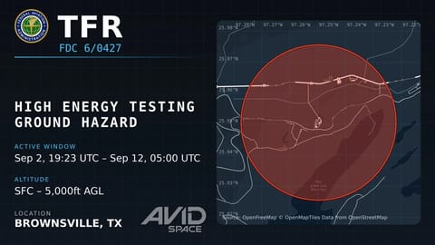 TFR notice for Starship Ship 42 cryo proofing at Starbase Texas