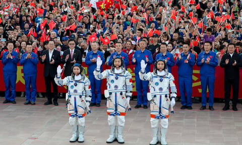 Chinese astronauts Zhu Yangzhu (center), Zhang Zhiyuan (right) and Lai Ka-ying, for the Shenzhou-23 crewed spaceflight mission, meet the press at the Jiuquan Satellite Launch Center in Northwest China, on May 23, 2026. Photo: VCG