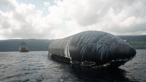 a giant black-tiled rocket lays afloat on the ocean with a boat and an island in the background.