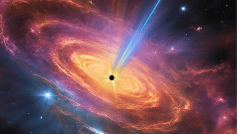 An orange and purple swirl with a black circle at its center. A bright tail emerges from the black circle