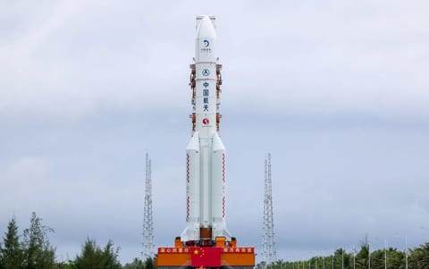 <i>Yang Guanyu/Xinhua/Getty Images via CNN Newsource</i><br/>The Chang'e-7 lunar probe atop its carrier rocket last week at the Wenchang Spacecraft Launch Site in China's Hainan Province.