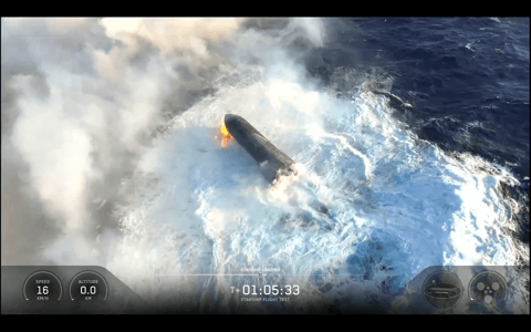 A SpaceX Starship vehicle floats in the Indian Ocean after Flight 13 splashdown
