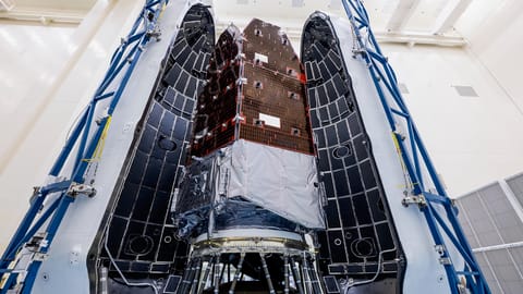 NASA's Nancy Grace Roman Space Telescope is encapsulated in the payload fairing of its SpaceX Falcon Heavy rocket.