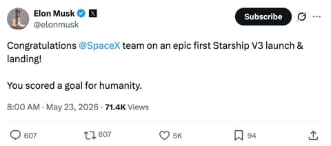 刚刚，马斯克SpaceX发射人类史上最大最强火箭！NASA局长点赞星舰V3