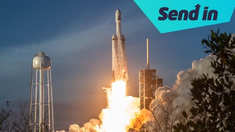 Image of the telescope launching onboard a rocket from a launch pad at the Kennedy space center in Florida. In the top right corner is a graphic that reads: Send in.