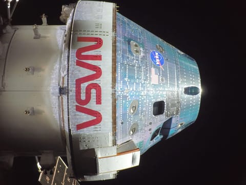 Orion snapped this high-resolution selfie in space with a camera mounted on one of its solar array wings during a routine external inspection of the spacecraft on the second day into the Artemis II mission.