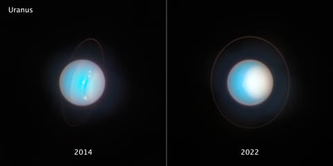 2 views: Uranus, on its side, colored cyan with pinkish-gray limb. Left 2014: faint, pinkish bands run nearly vertically, white cloud splotches dot right half. Right 2022: faint, pink ring almost face on, large area of white covers planet's right side.