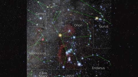 night sky map showing the constellation Orion in the night sky.