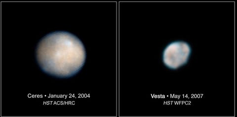 Left: mottled spheroid in colors of white, grey, and tan. Right: mottled spheroid mainly bluish-grey and white with a slight some tan areas.