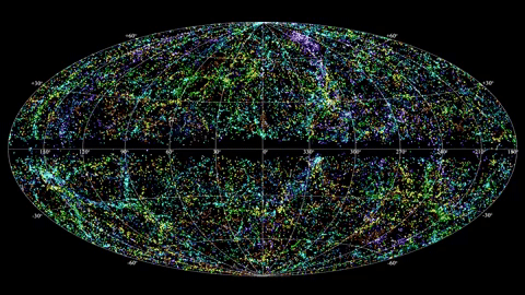 Flashes of light appear and disappear across a green oval with a grid pattern